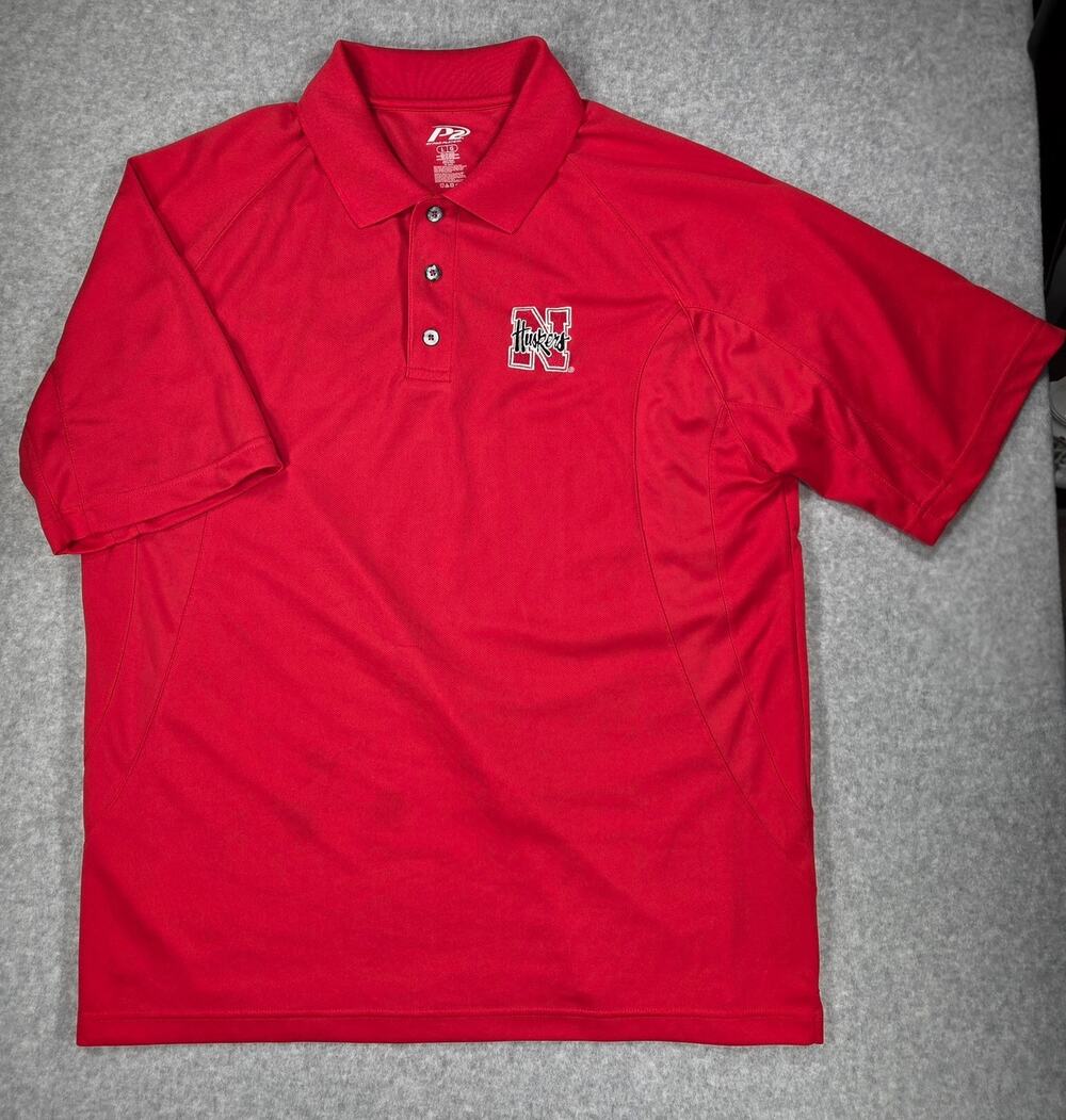 P2 By Pro Player Nebraska Huskers Polo Shirt Mens Large Red Performance Golf Tee